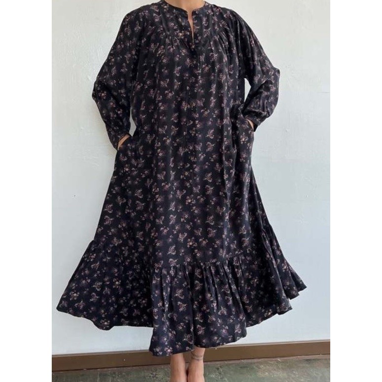 Suzie Kondi Easy Dress L Black Floral Silk Tiered Midi Boho Oversized Pockets